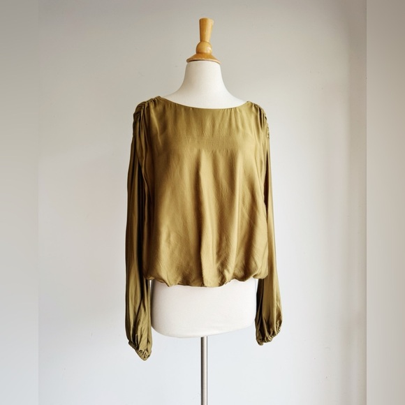 ANTHROPOLOGIE Silky Balloon Sleeve Gold Green Blouse Medium - Picture 3 of 10